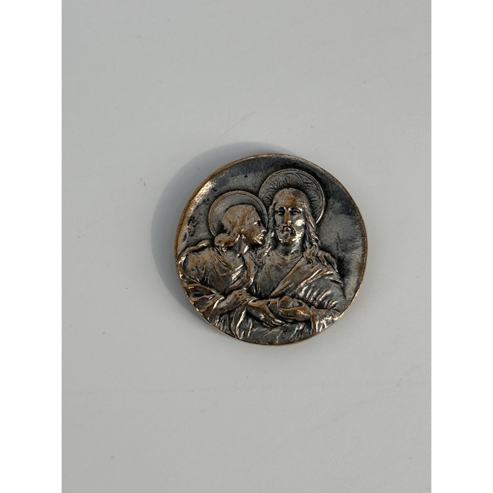 Vintage Silver Tone Bronze Medallion Of First Communion Scene